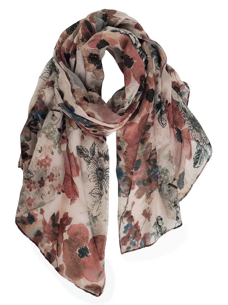 GERINLY Lightweight Scarves Fashion Flowers Print Shawl Wrap for Women Dressy Fall Neck Accessory Pretty Sarong (Brown) - Image 1